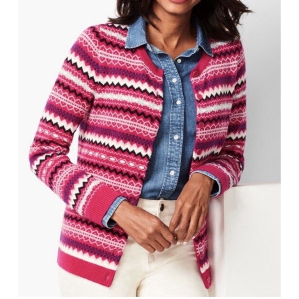 Talbots Pink Fair Isle Sweater Cardigan Size 1Xp Heavyweight Nylon Wool Blend - Picture 9 of 10